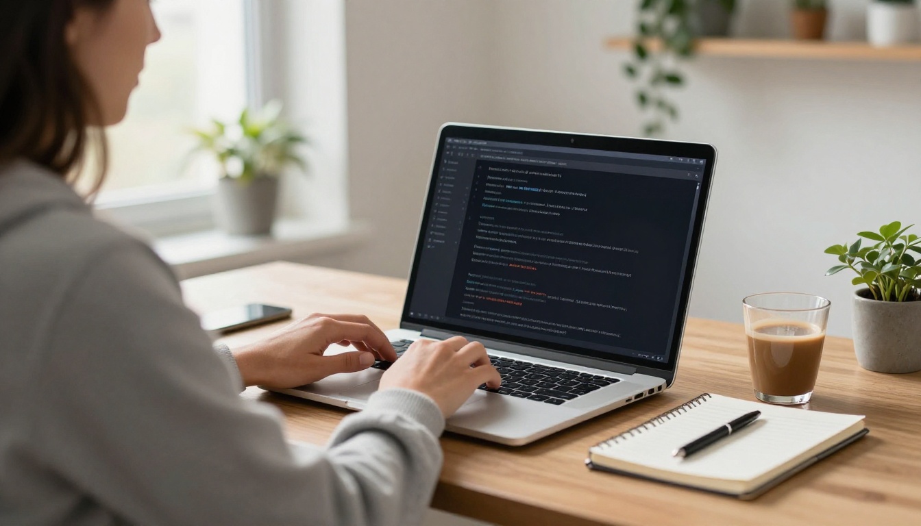 Developer typing in a terminal window at a standing desk in morning light