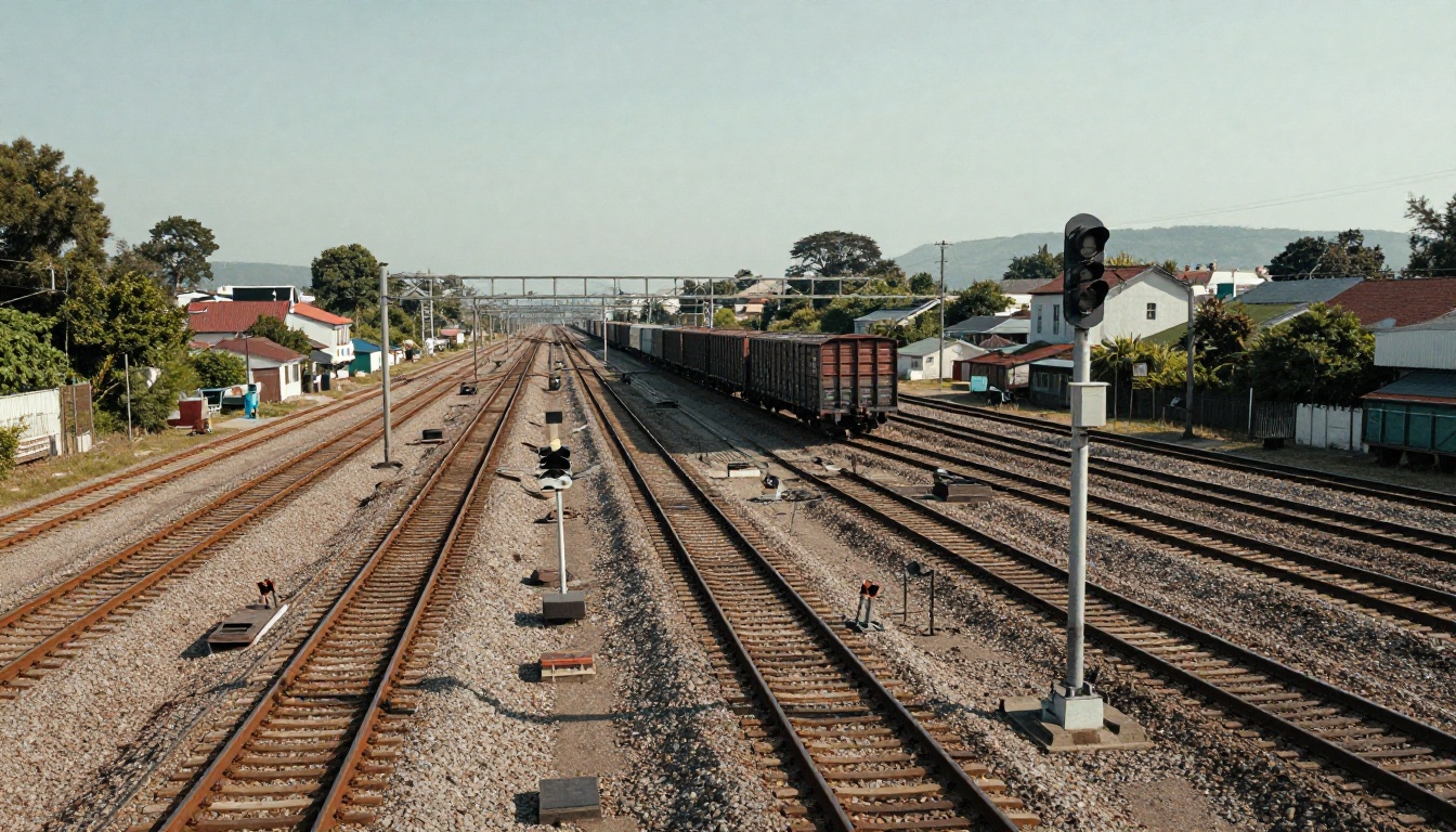 Aerial view of a railway switching yard with tracks branching in many directions