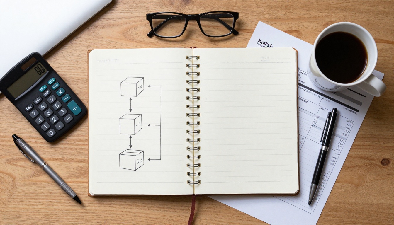 Overhead view of a desk with a notebook, calculator and coffee for tracking costs