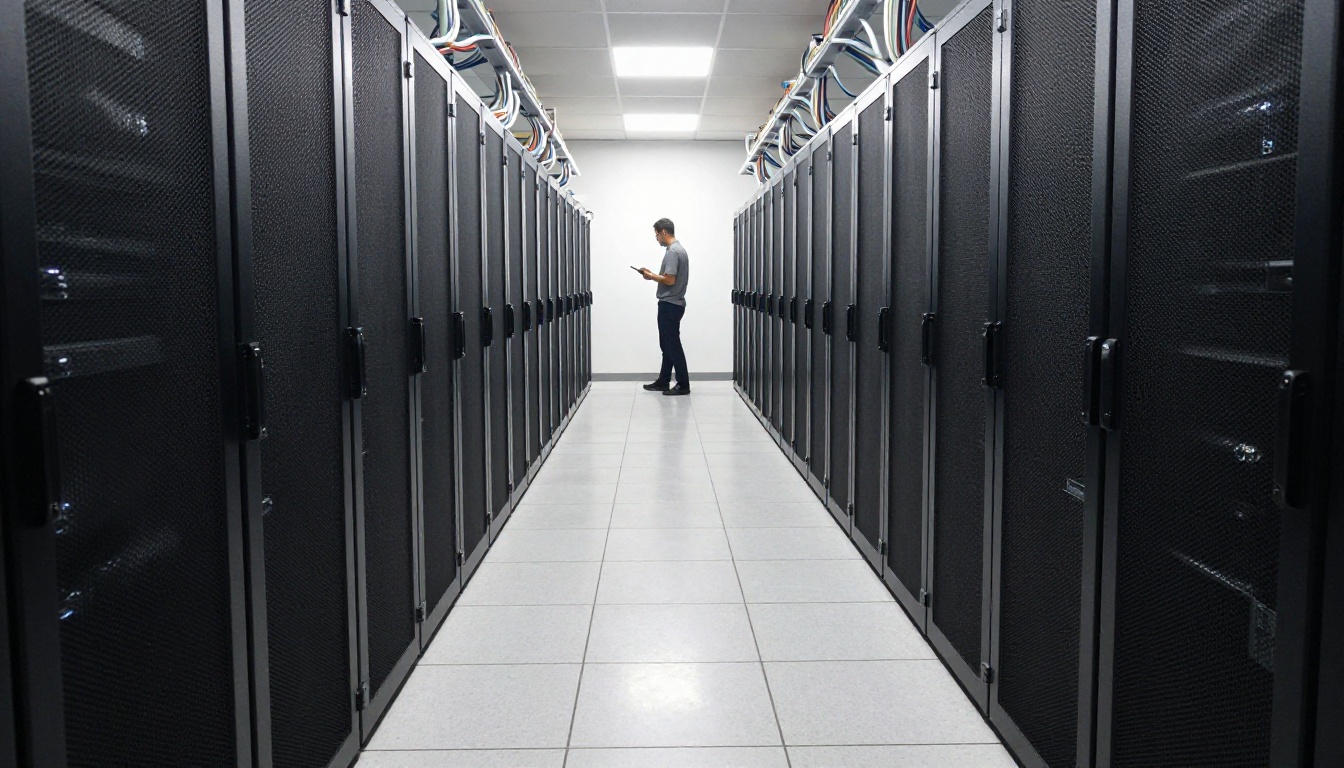 Rows of server racks along a clean data center aisle in one point perspective