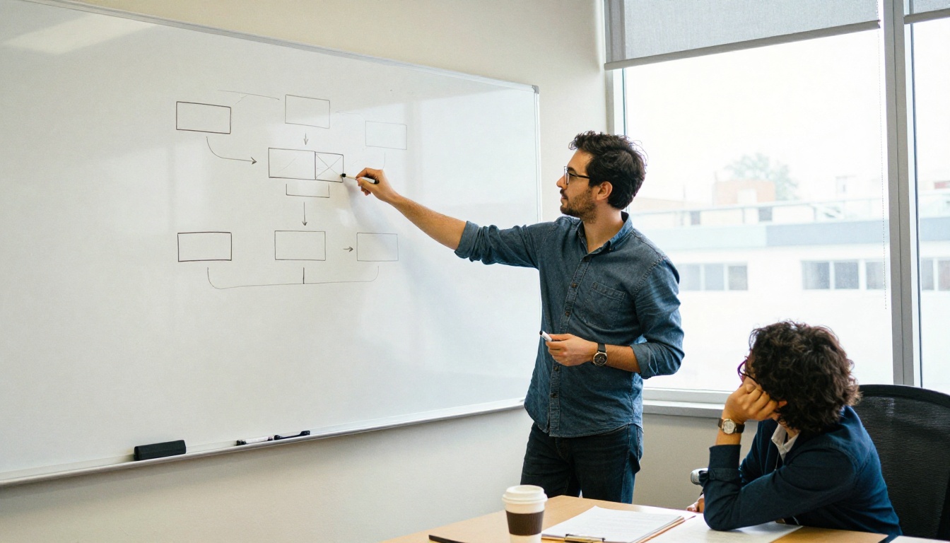 Two engineers discussing a hand drawn diagram on a whiteboard