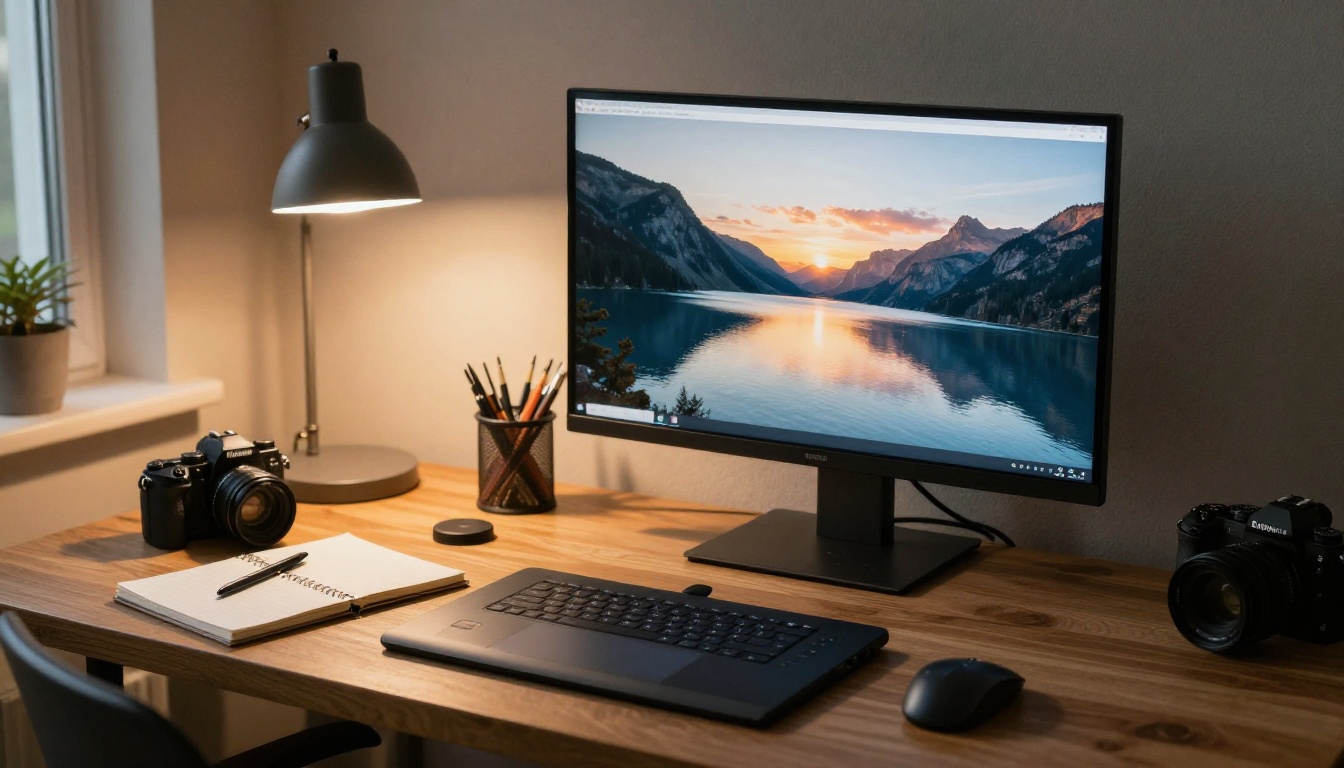 Designer at a wide desk reviewing a landscape photograph on a large monitor