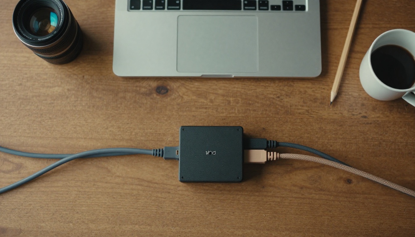 Overhead view of a wooden desk with three braided cables running into one small network switch beside a laptop and a coffee cup