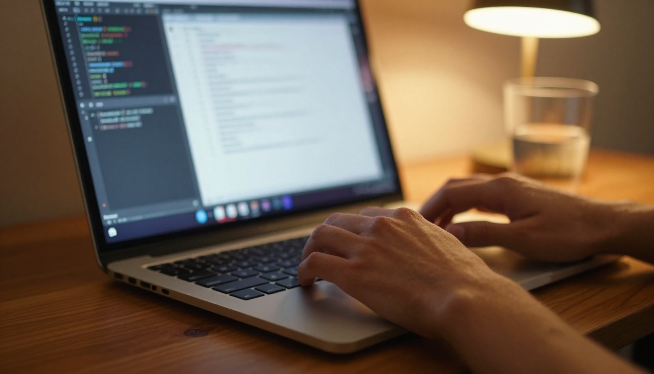 Low-angle view of a developer's hands typing on a laptop with a chat window and a code editor on the screen