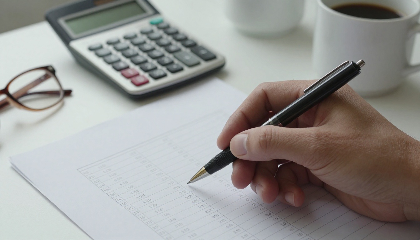 A hand holding a pen over a printed spreadsheet of small line items next to a calculator and a coffee cup