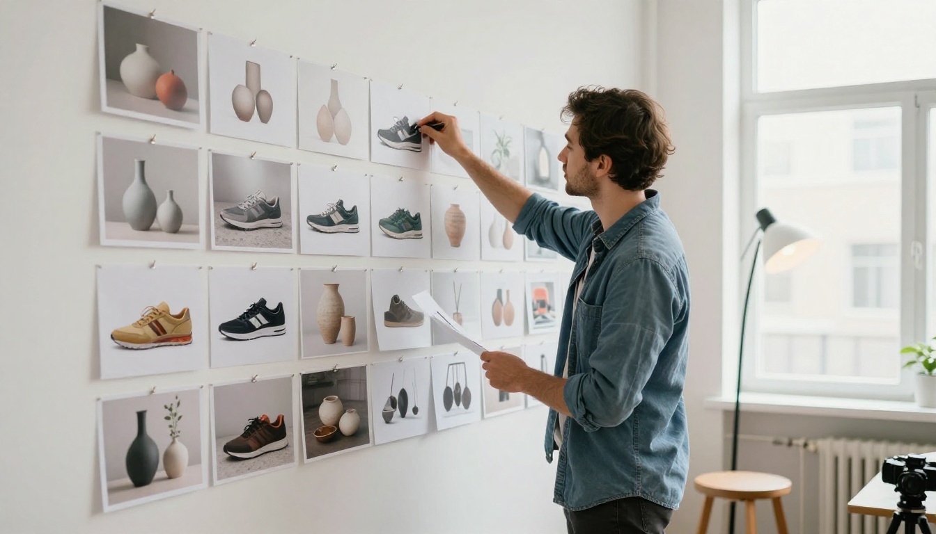 A creative director pinning printed product photographs to a long white wall in a bright photo studio