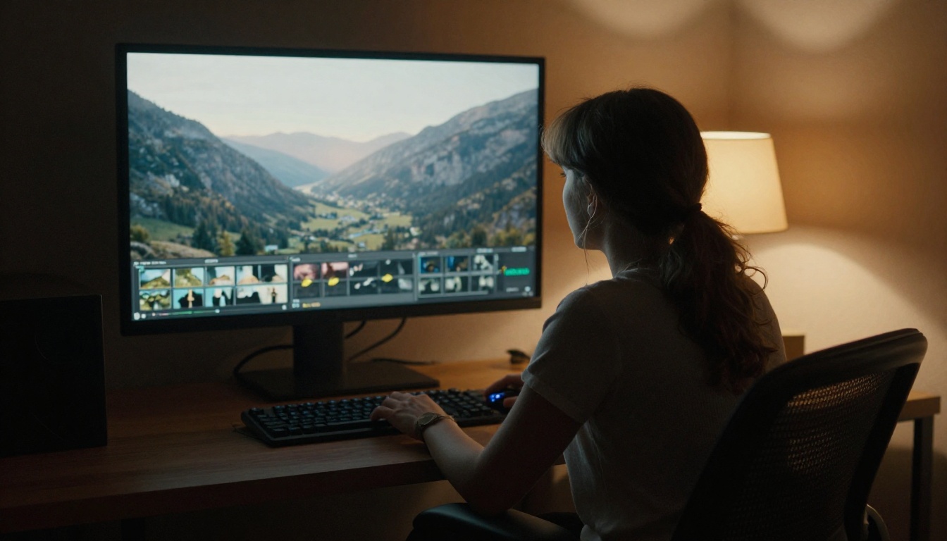 A video editor in a dim edit suite lit by a monitor showing a paused mountain landscape frame