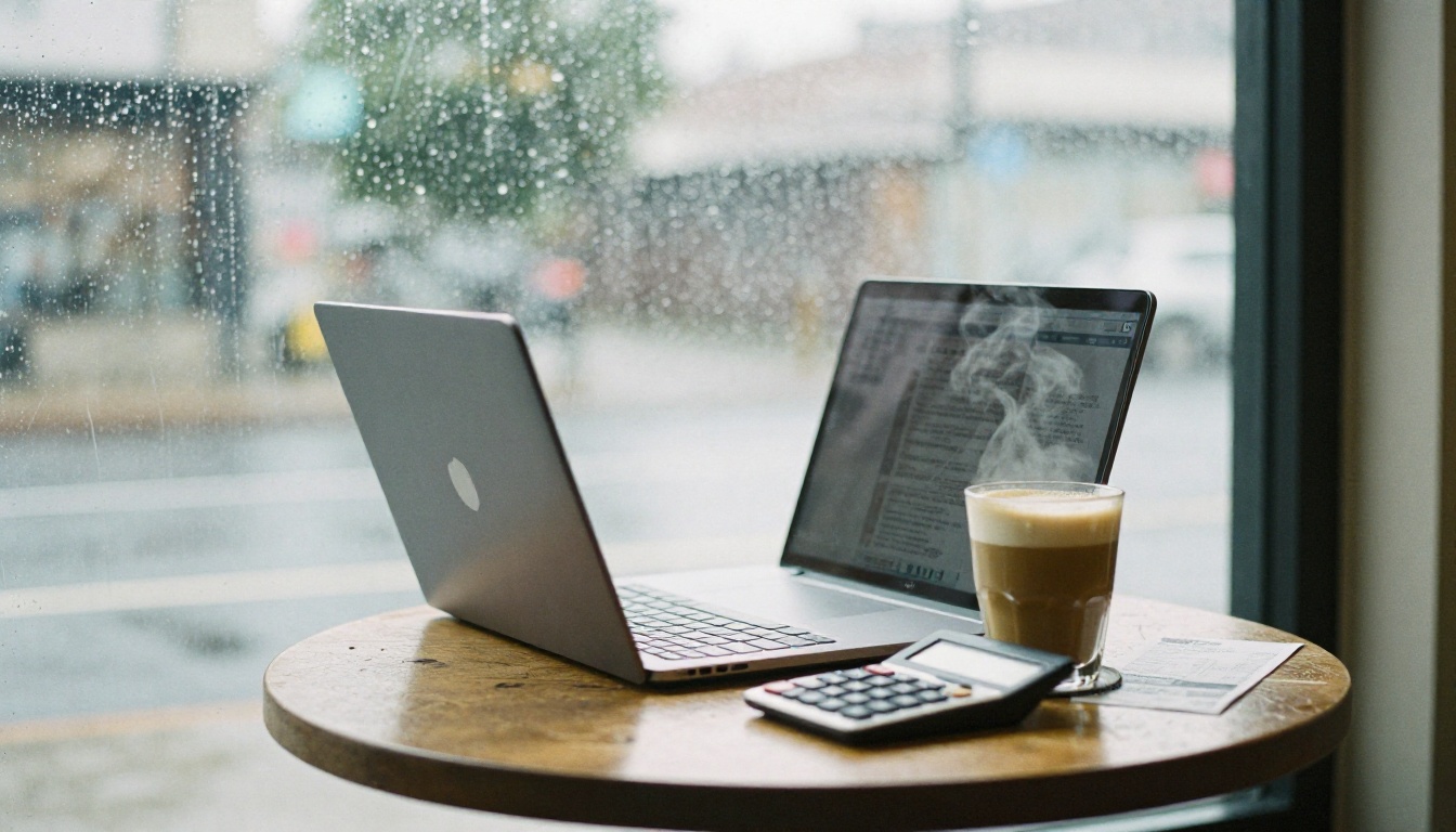 A freelance developer at a rainy cafe window with a laptop, a calculator and a paper receipt beside a coffee