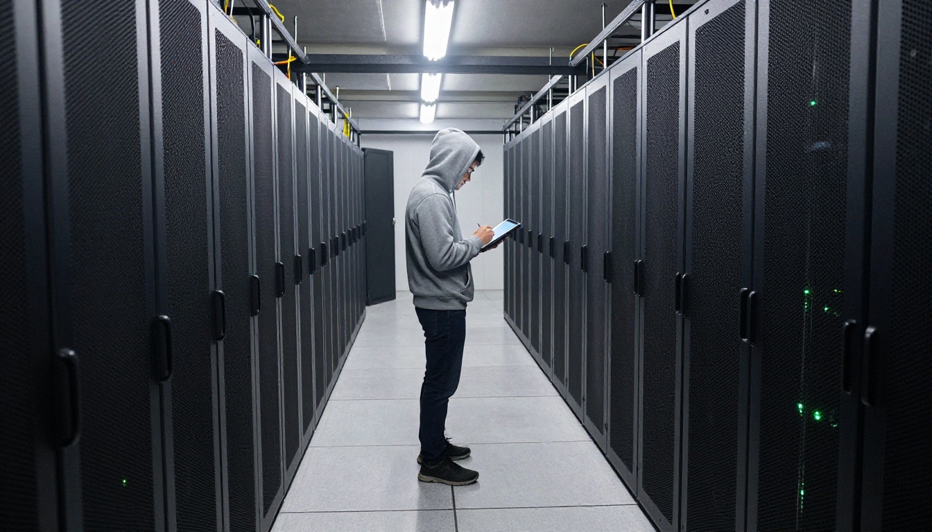 One-point perspective down an aisle of server racks in a data center with a technician checking a tablet