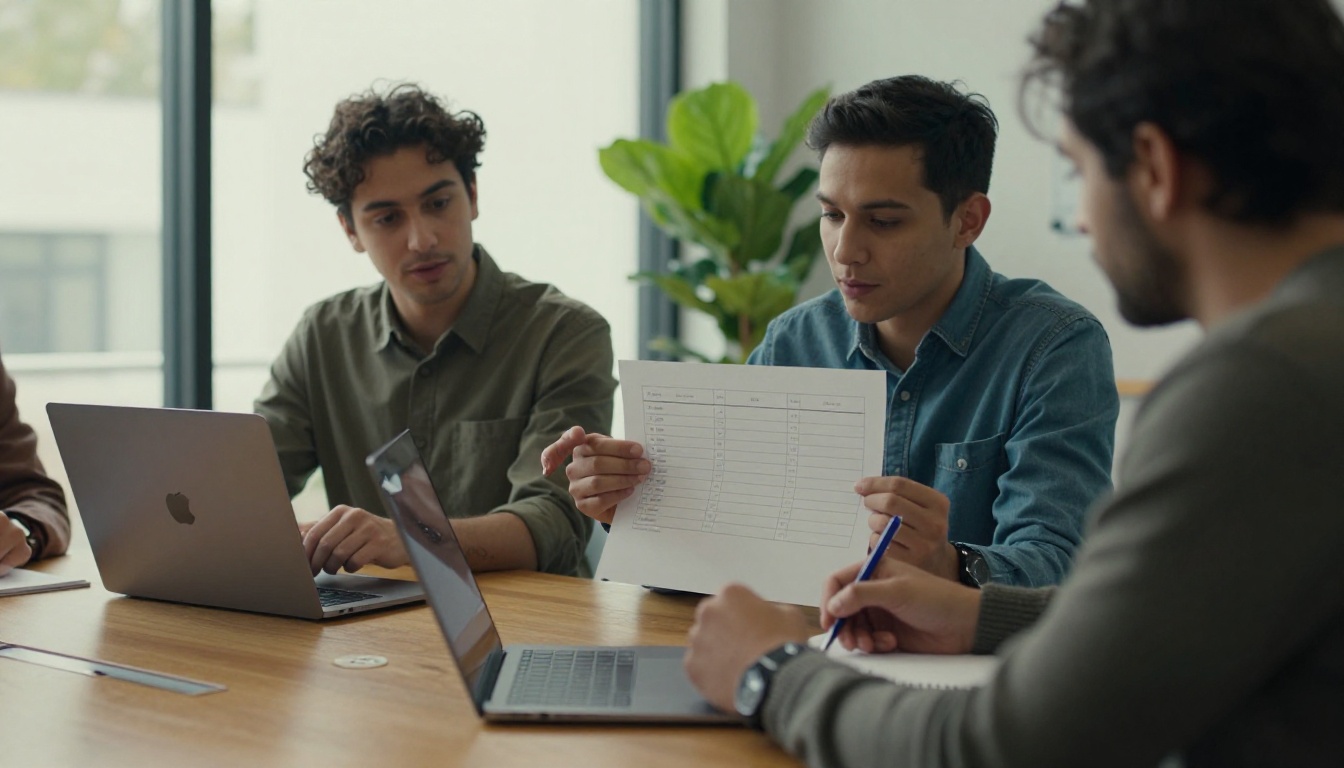 Three colleagues around a wooden meeting table pointing at one laptop and a printed comparison table