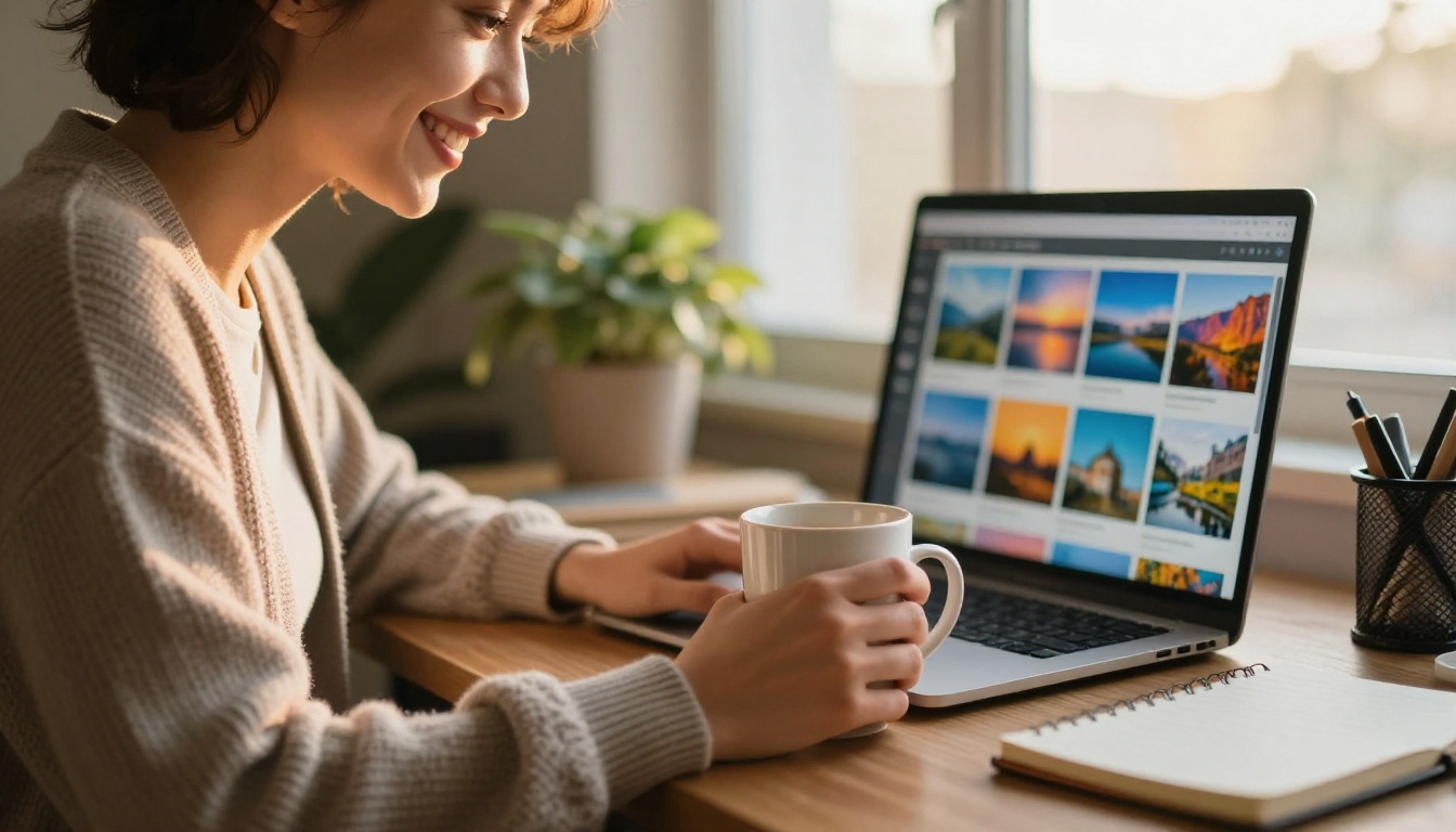 A smiling creator at a sunlit window desk with a laptop showing a gallery of landscape photographs