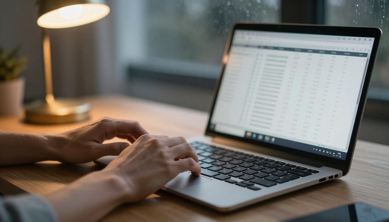 Developer's hands typing at a tidy desk beside a warm brass lamp