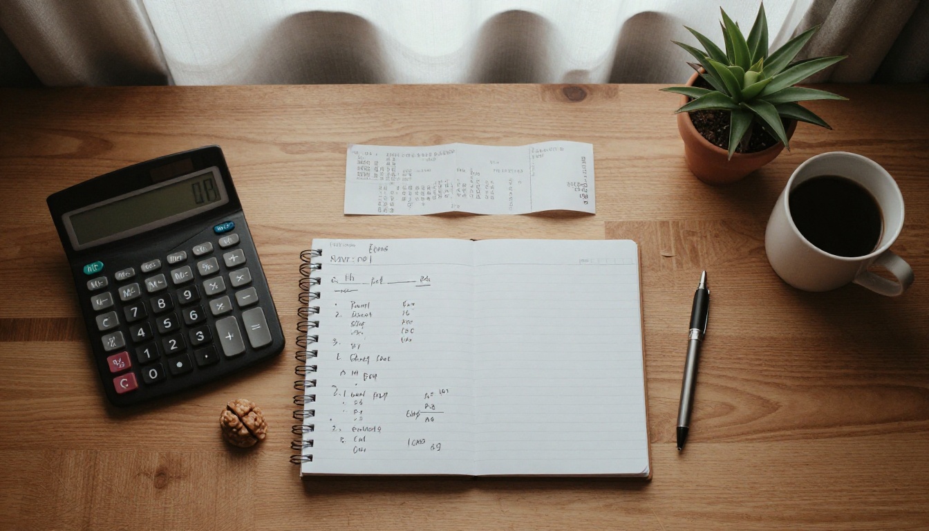 Top-down view of a calculator, receipt and notebook of handwritten sums on a walnut desk