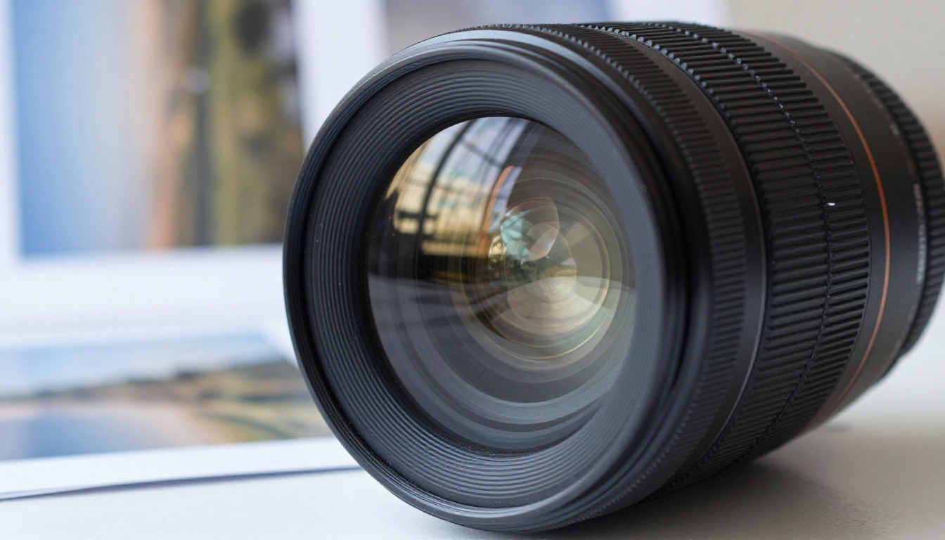 Close-up of a mirrorless camera lens with printed photographs blurred behind it