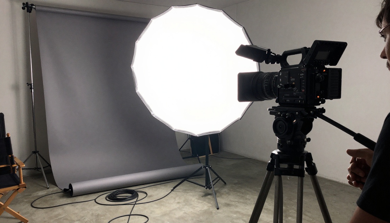Low-angle view of a cinema camera on a tripod in a small studio beside a softbox