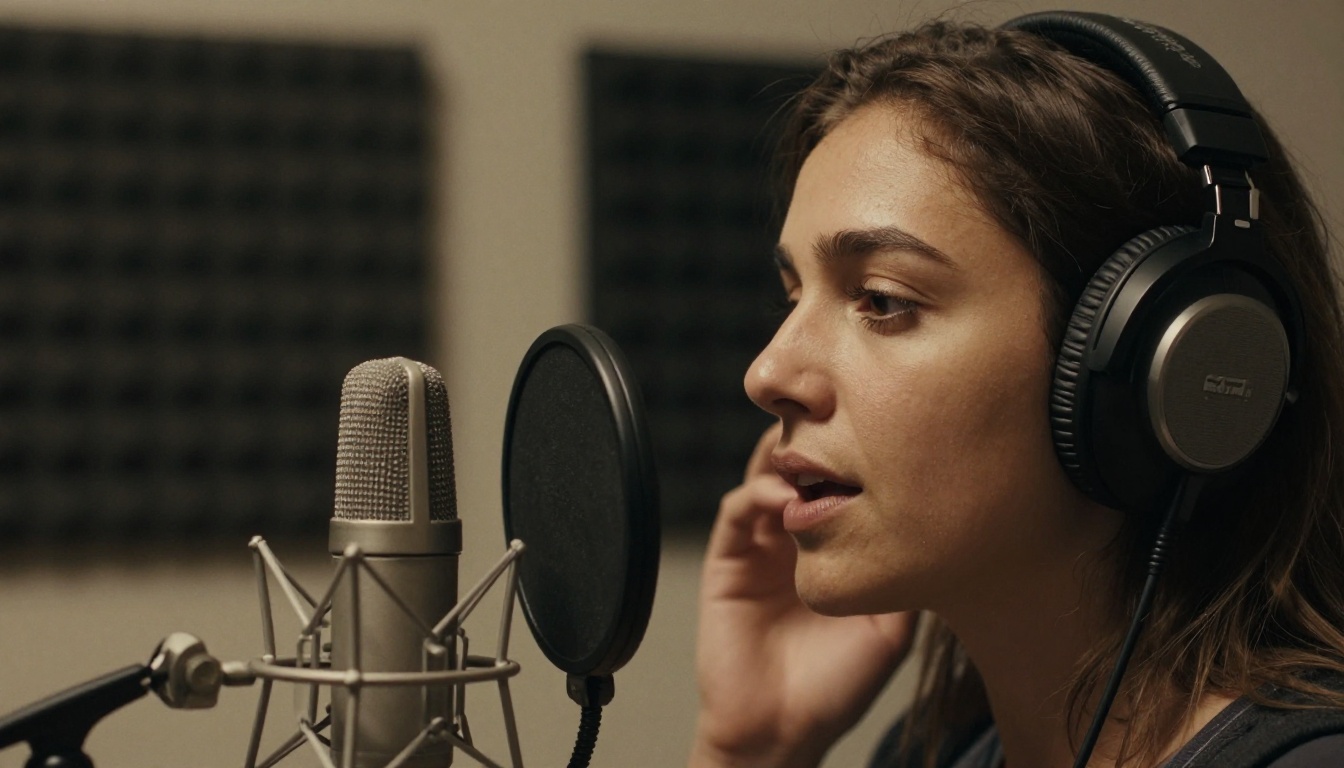 Side profile of a woman speaking into a studio condenser microphone with headphones on
