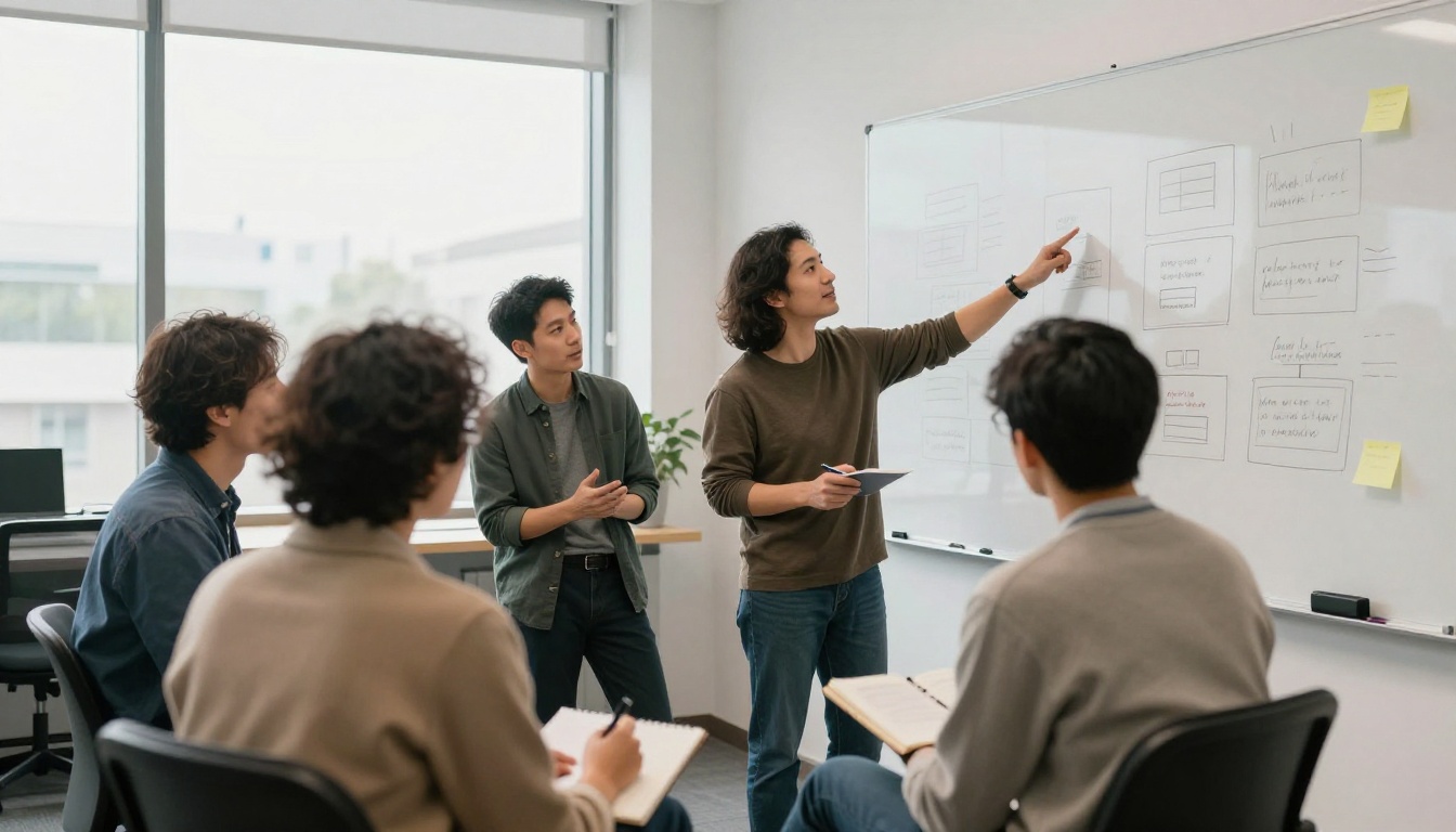 Four colleagues gathered at a whiteboard of sticky notes in a bright office