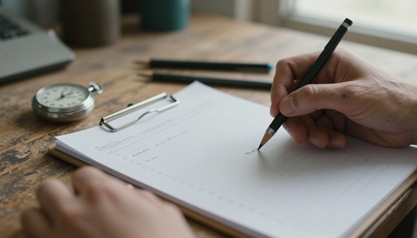 Hands crossing items off a handwritten checklist beside a silver stopwatch