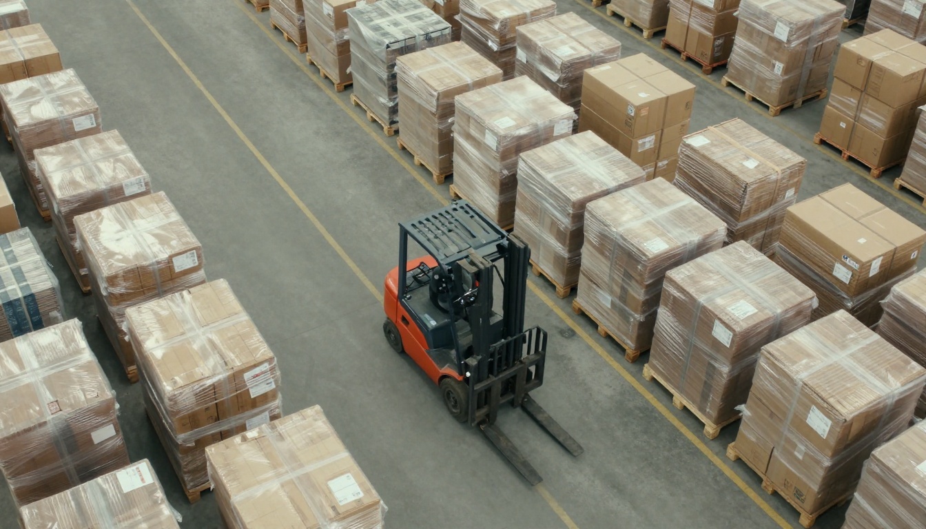 Aerial view of a tidy distribution warehouse with rows of wrapped pallets