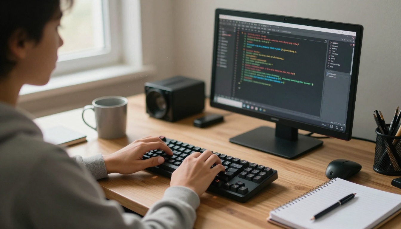 Developer typing code at a home desk in morning light