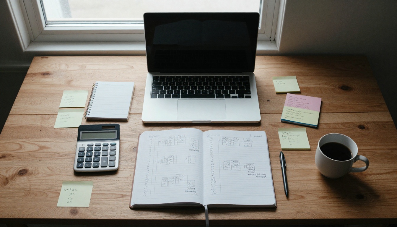 Overhead view of a desk with a notebook of tally marks and a calculator