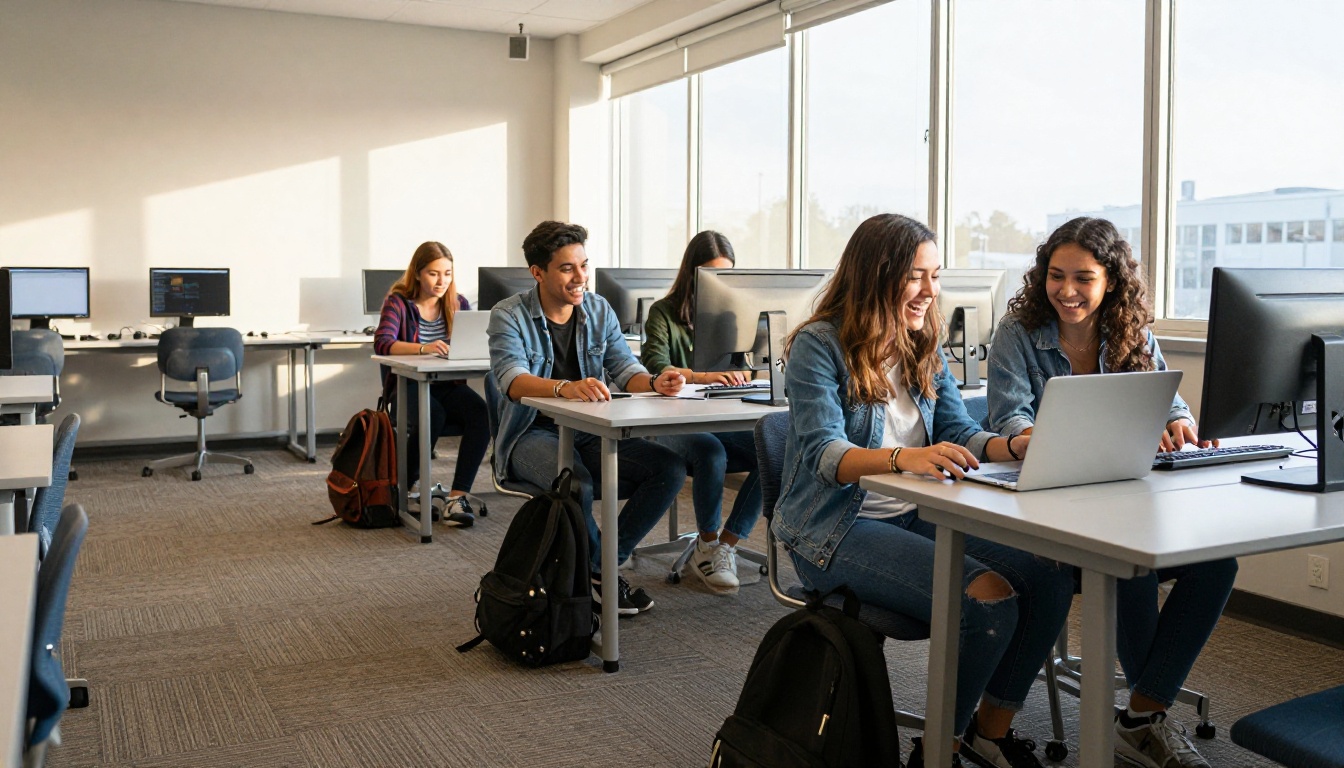 Students comparing laptop screens in a bright computer lab