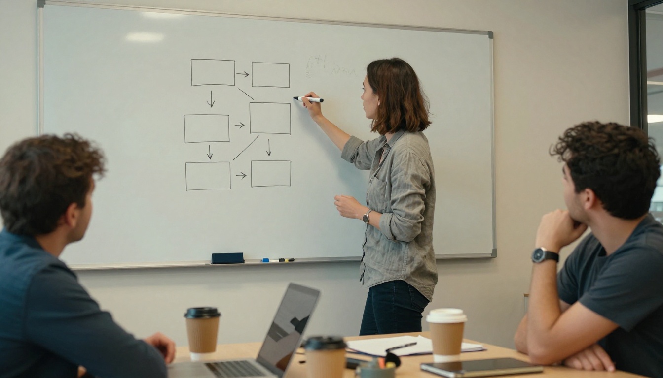 Developer sketching boxes and arrows on a whiteboard next to a colleague