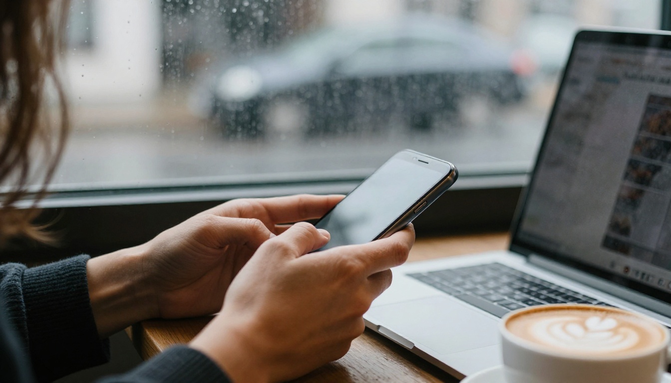 Hands holding a phone beside a laptop at a rainy cafe table