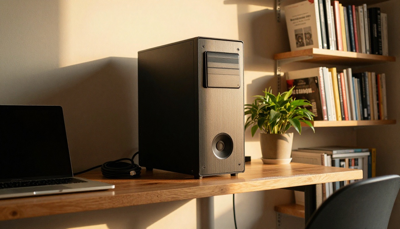 Compact home workstation on a wooden shelf under a window