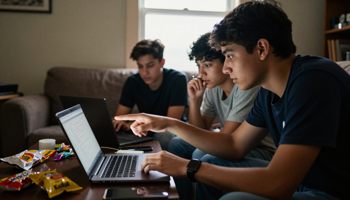 Two students sharing one laptop on a dorm sofa