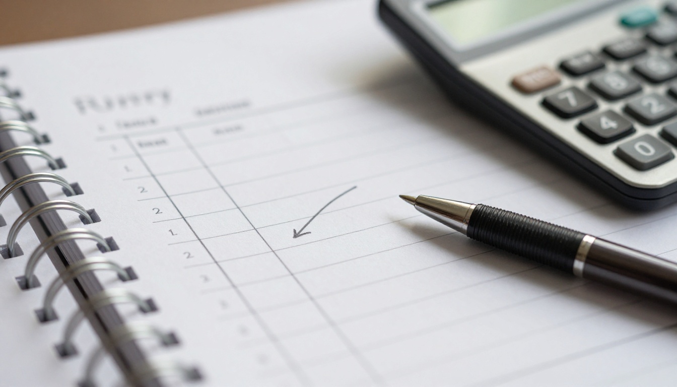 Macro view of a notebook page with a hand-drawn budget table and a calculator