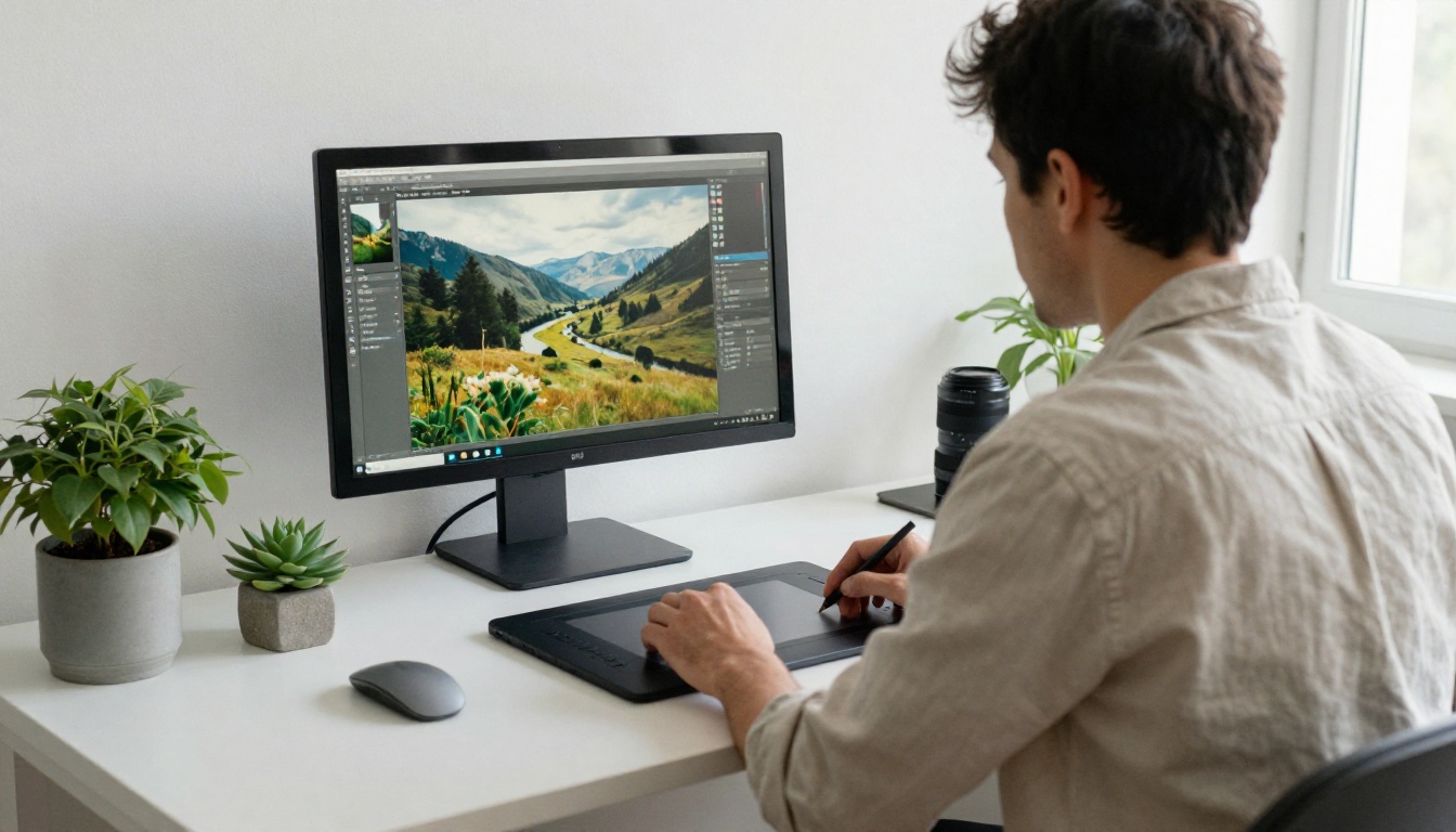 Freelance designer at a standing desk reviewing a landscape photograph