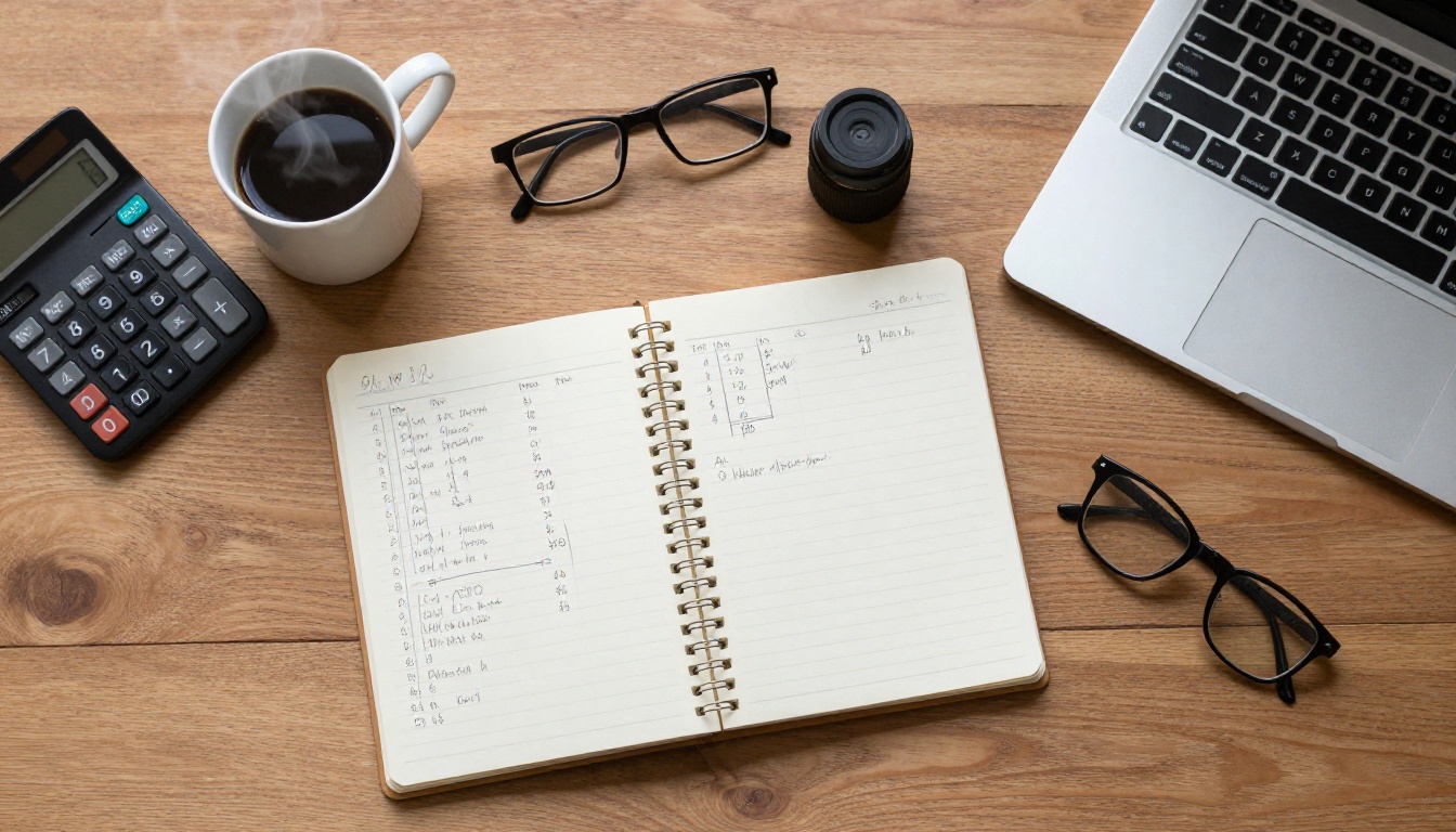 Flat lay of a notebook with handwritten pencil calculations, a calculator and black coffee beside a laptop