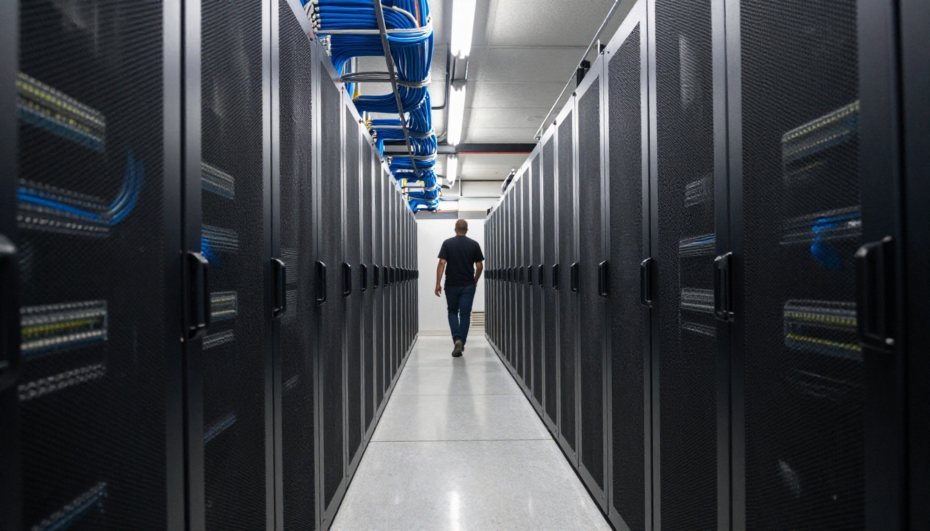 Low-angle view down a data center aisle between rows of black server racks with neat cable bundles overhead