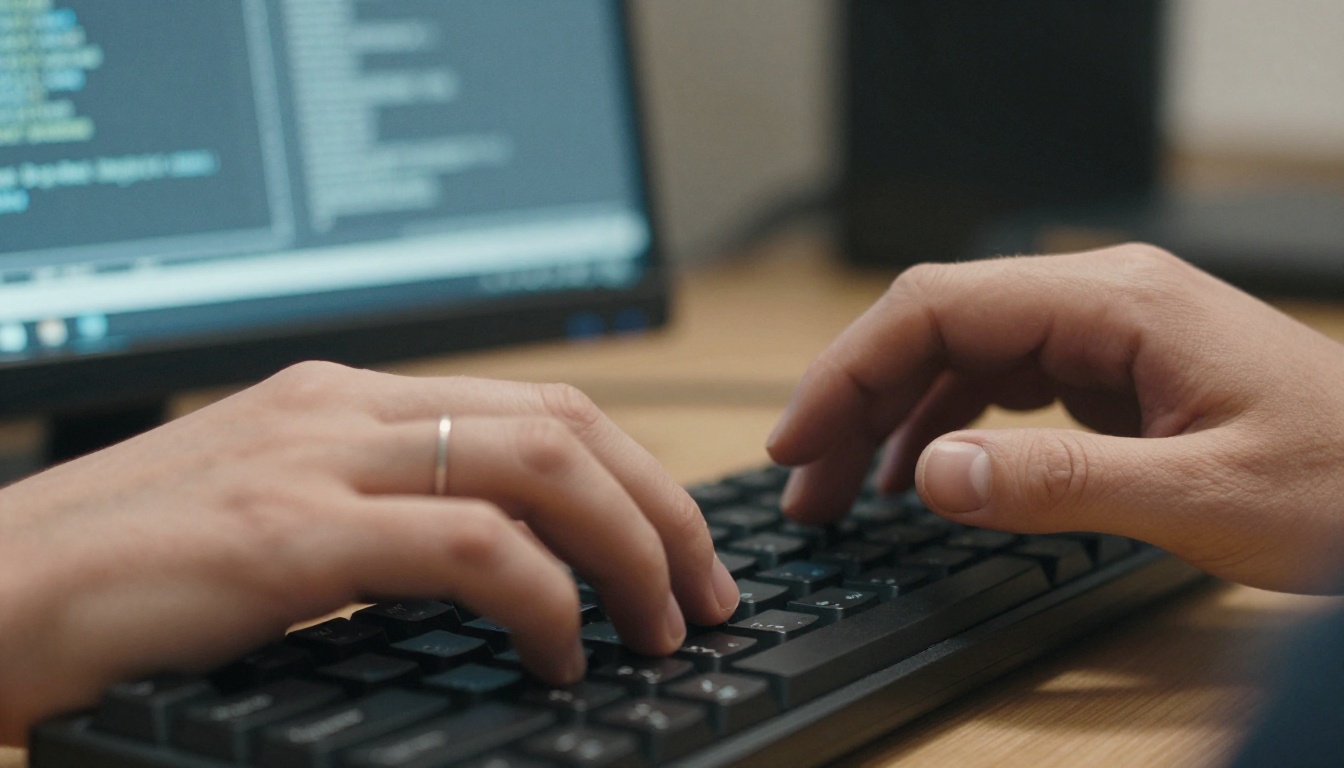 Close-up of a developer's hands typing at a desk with blurred code on a monitor behind