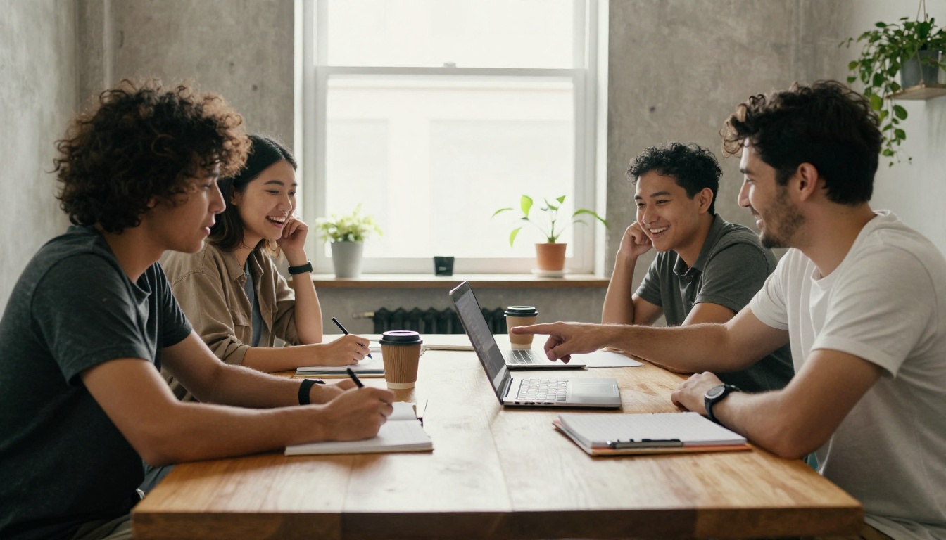 Four colleagues gathered around a long oak table in a bright co-working space looking at a laptop