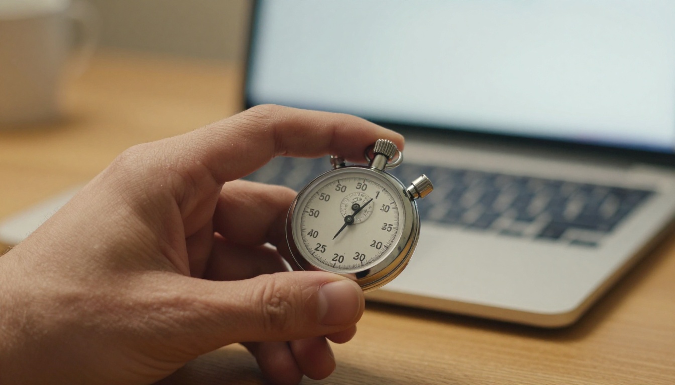 Tight close-up of a hand holding a brushed steel stopwatch above a wooden desk