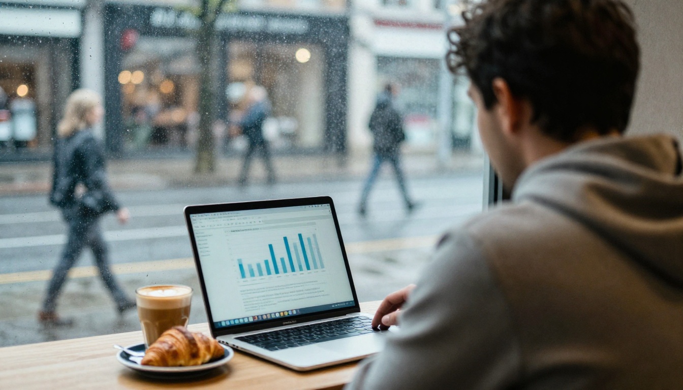 Over-the-shoulder view of a man at a cafe table watching a blurred bar chart on a laptop beside a flat white