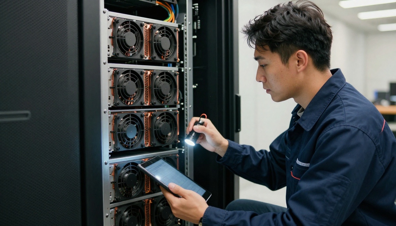 Technician crouched beside an open rack-mounted GPU server holding a flashlight and a tablet