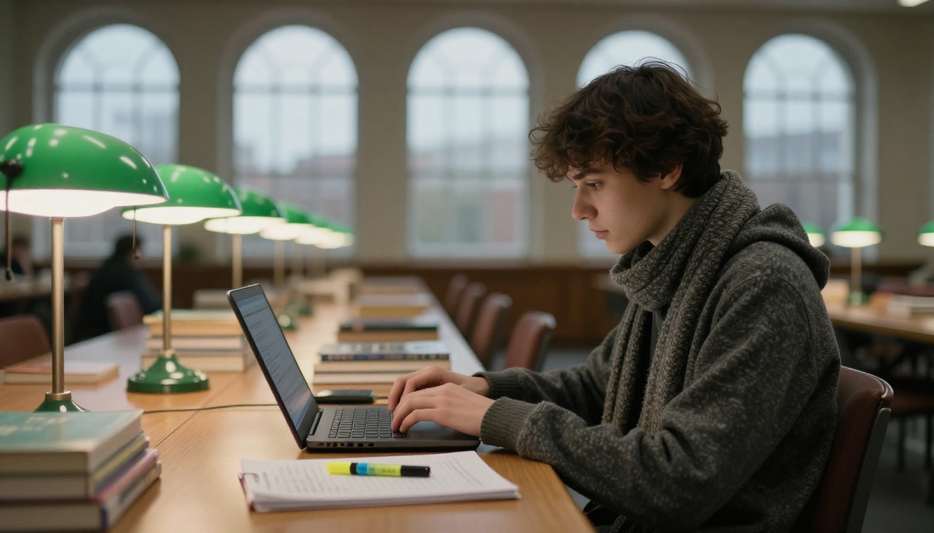 Student in side profile at a long wooden library table with a laptop, textbooks and a highlighter