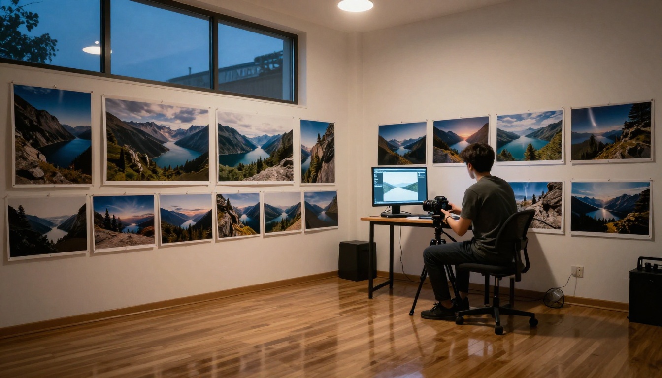 Photographer reviewing large printed mountain lake landscapes in a studio at dusk