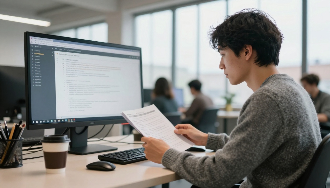 Developer reading API documentation on a large monitor in a bright co-working space