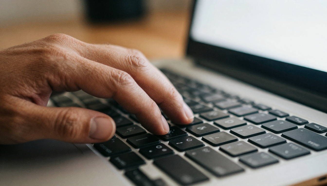 Close-up of hands typing on a laptop at a wooden desk