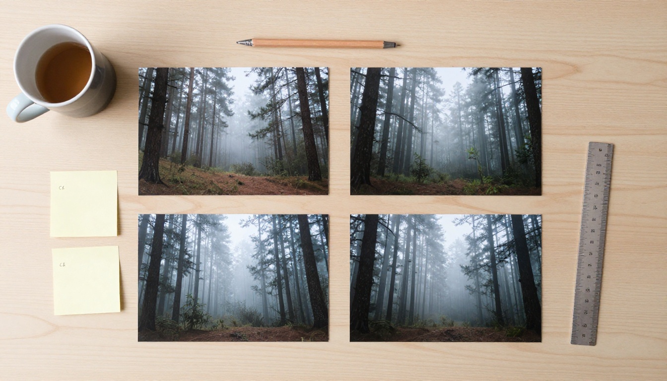 Printed forest photographs in four slight variations laid out on an oak table with sticky notes