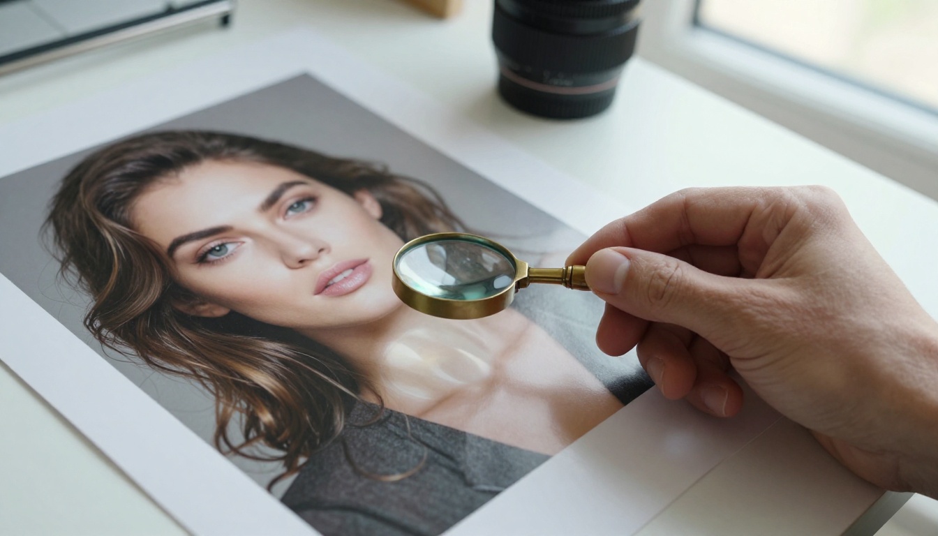 Designer inspecting a printed portrait through a brass loupe on a light table