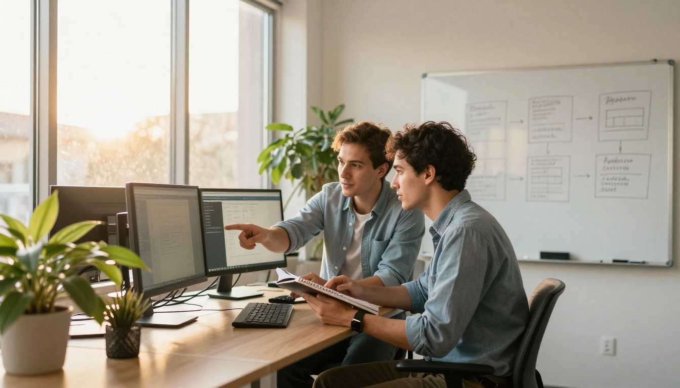Two developers at a standing desk pointing at a dual-monitor setup
