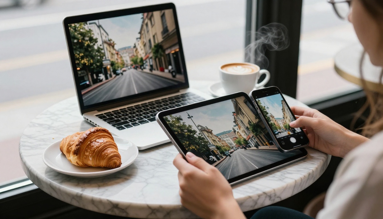 Laptop, tablet, and phone on a marble cafe table each showing a different landscape image