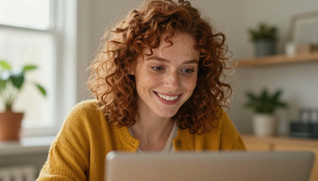 Smiling woman looking at a laptop in a sunny home studio