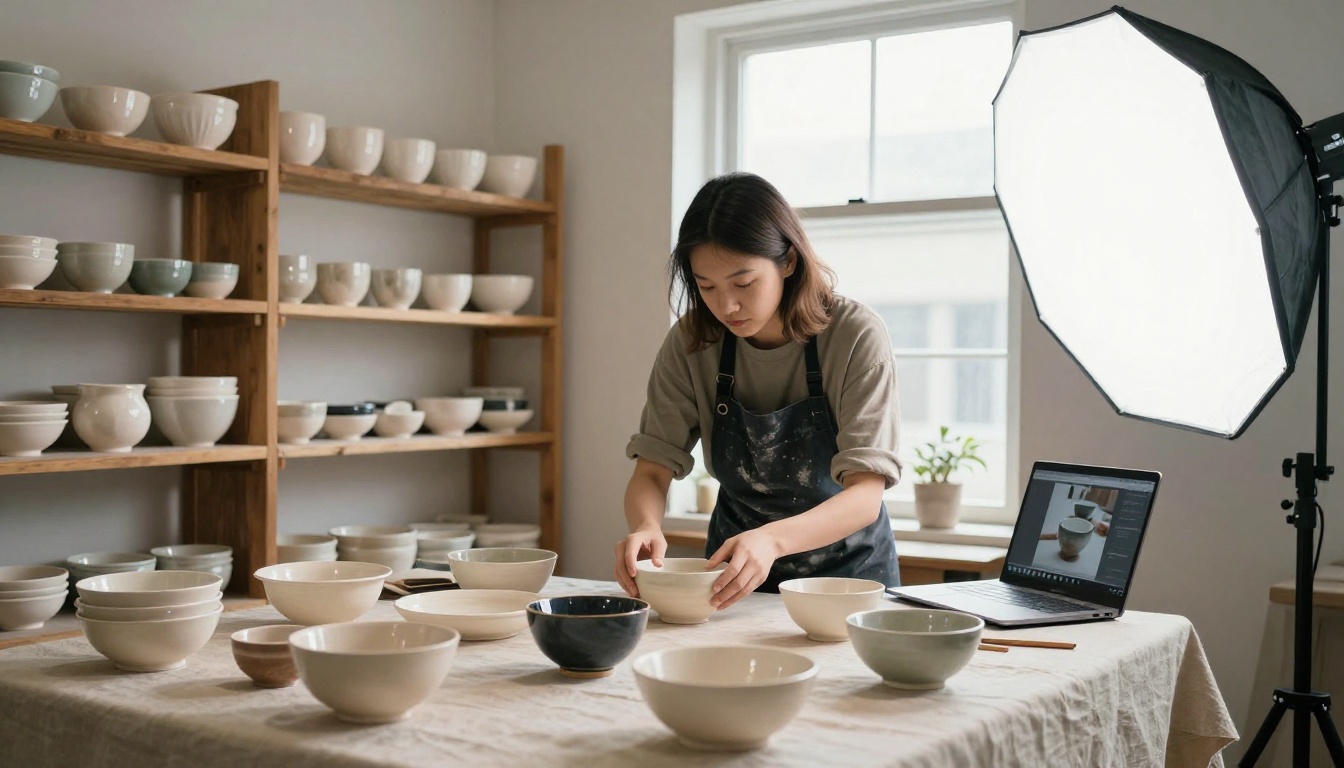 Ceramics shop owner arranging handmade bowls beside a softbox and tripod