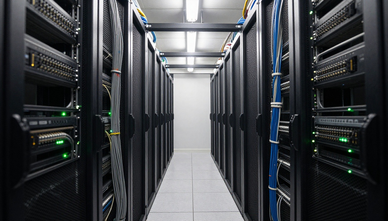 Low-angle view down a data center aisle lined with black server racks and steady green status lights